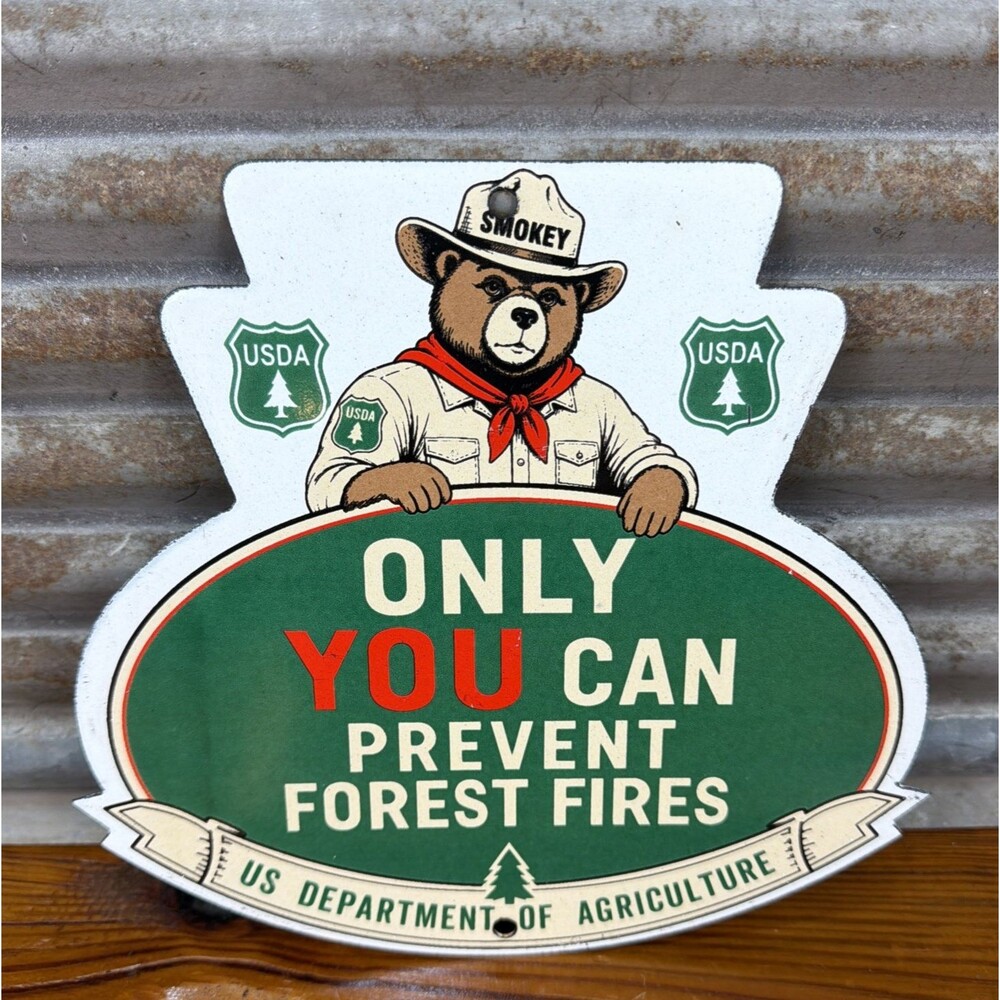 VINTAGE SMOKEY THE BEAR PORCELAIN SIGN ONLY YOU CAN PREVENT FOREST FIRES RANGER